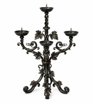 Black forged metal candle holder isolated on white background.