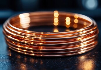 Obraz premium shiny coiled copper wire loops on a dark reflective surface with warm bokeh highlights, polished metallic rings radiating an elegant warm glow