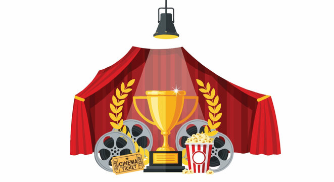 Golden trophy and popcorn under spotlight on red stage.