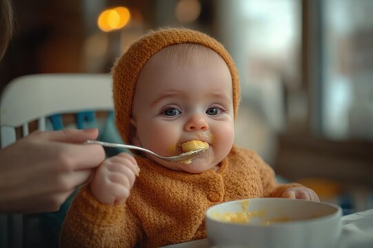 cozy infant in a knitted orange bonnet and sweater being spoon-fed yellow porridge from a white bowl in a high chair, warm gentle caring moment