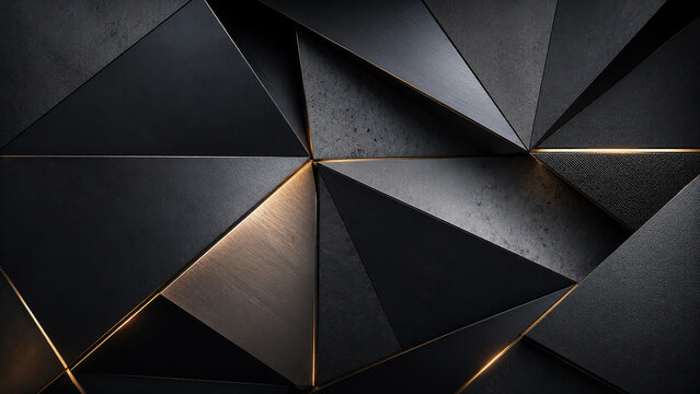 Abstract black and gold geometric metal texture with luxury dark background.