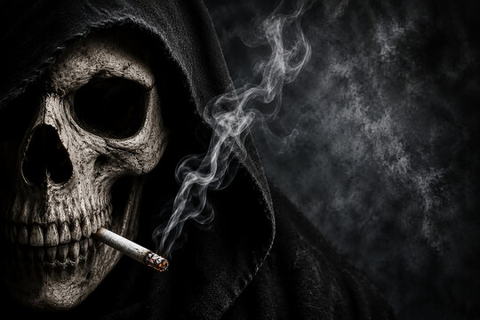 Smoking skull in black hood on dark smoky background with copy space.