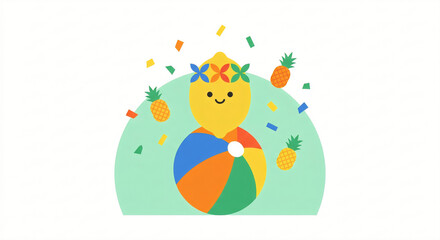 Fototapeta premium Kawaii Lemon Character on Beach Ball Summer Party Vector Illustration