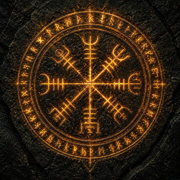 Glowing Viking runic compass symbol on dark stone background.