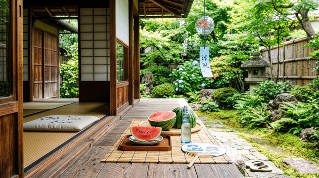 縁側に広がる西瓜とラムネと風鈴のある日本の夏の風景 Traditional Japanese Veranda with Fresh Watermelon, Ramune Soda, Wind Chime and Summer Garden