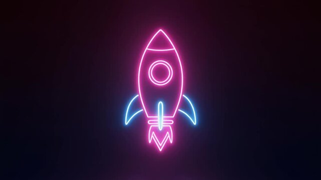 Neon pink and blue rocket outline glowing on dark background, symbolizing innovation, creativity, and futuristic progress in minimalist digital art style.
