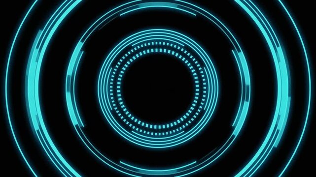 Neon‑blue concentric circles and dotted rings glowing on black background, symbolizing technology, precision, and futuristic digital interface design.