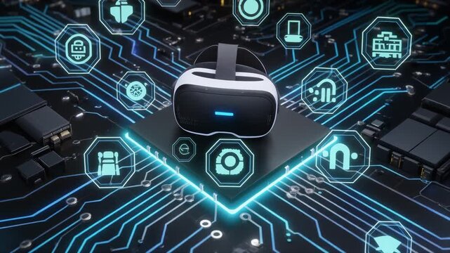 Virtual reality headset on glowing circuit board surrounded by tech icons, symbolizing digital connectivity, smart technology, and immersive innovation.