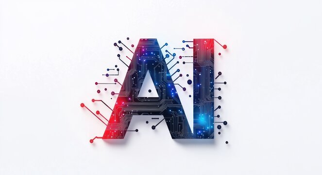 glowing ai letters with circuit board patterns and red and blue illuminated nodes conveying futuristic energy