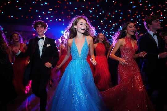 Group of people in formal gowns and tuxedos dancing under colorful confetti lights, center woman in a sparkling blue gown leading a joyful celebration