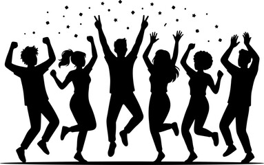 Fototapeta premium Dancing people silhouettes celebrating with confetti in a festive mood vector graphic