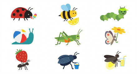 Fototapeta premium Kawaii Summer Insects Flat Vector Sticker Set Isolated on White