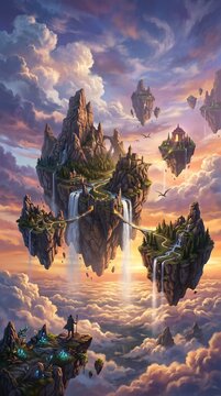 fantasy landscape with floating islands and waterfalls at sunset