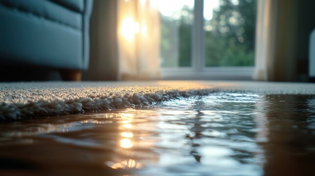wet living room floor with shallow puddle reflecting warm morning sunlight, edge of plush carpet and couch leg by glass doors, calm but unsettling mood
