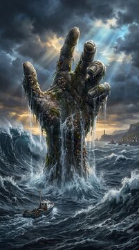 Giant stone hand emerging from the stormy ocean