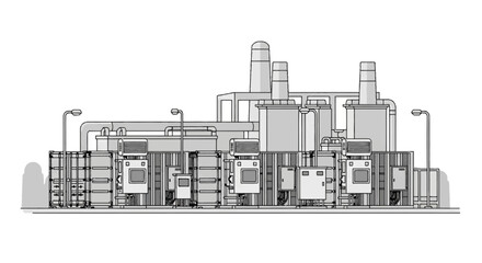 Fototapeta premium Vector illustration of a large-scale grid energy storage facility featuring modular battery containers, cooling towers, electrical control panels, and industrial piping on white background.