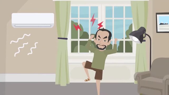 Frustrated Man Covering Ears in Room with Loud Soundwaves through Window and AC Unit, Noise Pollution Stress, 2D Vector Animation