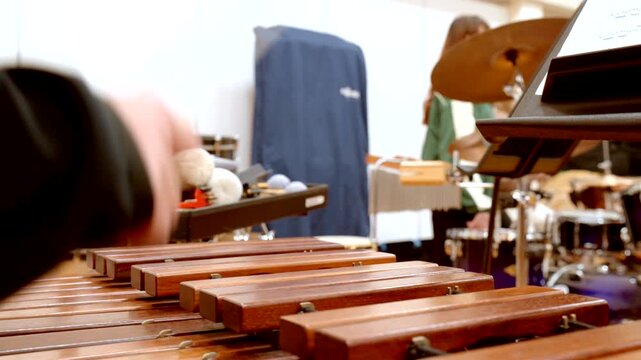 Musician Playing a Wooden Marimba with Mallets During a Musical Performance. Close-up video of a musician playing a wooden marimba.