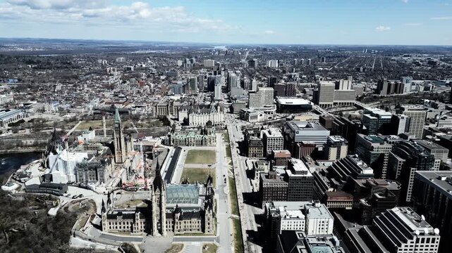 Aerial panoramic view of downtown Ottawa, Parliament Hill and Ottawa River, Ontario, Canada. g.