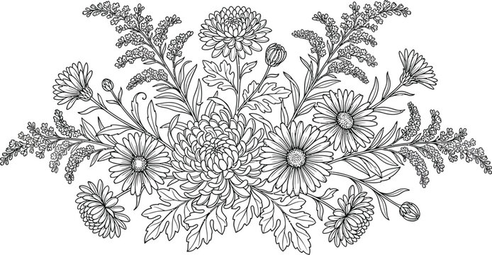 Beautiful floral arrangement with various flowers and leaves in a decorative pattern on white background for coloring book or illustration