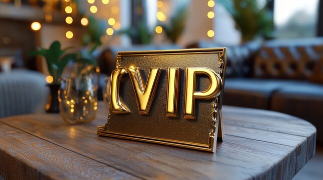 gold vip plaque on wooden table in cozy lounge with sofa, glass vase, plants and warm bokeh lights conveying exclusive, elegant, intimate atmosphere