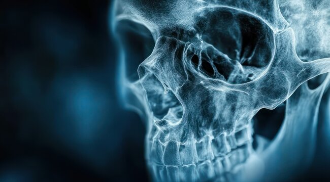 haunting translucent human skull x-ray close-up with blue glow and clinical eerie atmosphere