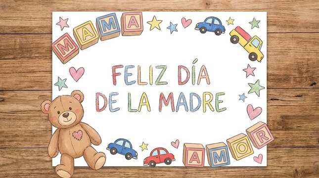 Cute Feliz D&iacute;a de la Madre Greeting Card with Teddy Bear, Alphabet Blocks and Toy Cars in Childlike Doodle Style