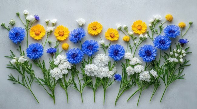 blue cornflowers, small yellow daisies and billy balls with clusters of white yarrow on a gray background, fresh cheerful spring floral arrangement