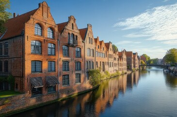 Obraz premium Sunlit row of historic brick gabled houses along a calm canal with reflections and clear blue sky, peaceful serene atmosphere