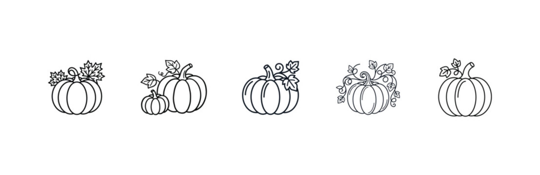 Black and white line drawings of pumpkins with leaves for fall and thanksgiving designs