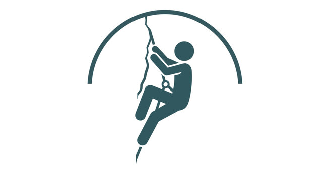 Rock Climbing Icon: Silhouette of Climber Ascending Mountain Face with Gear
