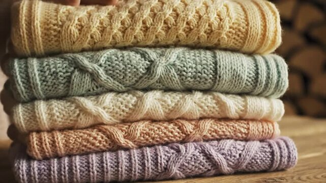 Cozy stack of colorful cable knit sweaters on wooden surface, warm winter clothing ready for cold weather