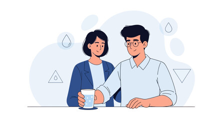 Fototapeta premium Couple enjoying clean water, symbolizing health, hydration, and environmental consciousness in a modern flat illustration style.