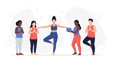 Fototapeta premium Diverse group of people practicing yoga, embracing wellness and mindful movement in a minimalist, modern illustration.