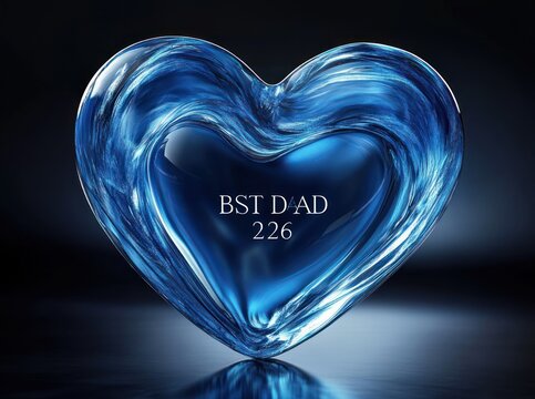 shiny blue glass heart sculpture with inscribed text bst dad 226, reflective and serene elegant romantic ornament