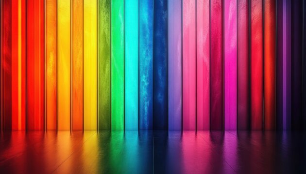 vibrant rainbow vertical panels with glossy reflective floor creating an energetic and cheerful striped abstract backdrop