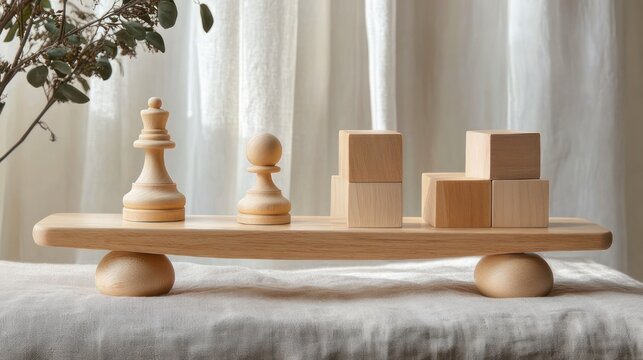 wooden balance board with a king and pawn chess pieces opposite stacked wooden blocks on linen, soft curtains and leafy branch in a calm minimalist scene