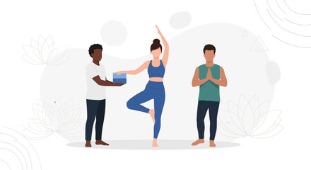 Obraz premium Diverse Group Practicing Yoga Together: Woman in Tree Pose, Man offering block, Man in Namaste.