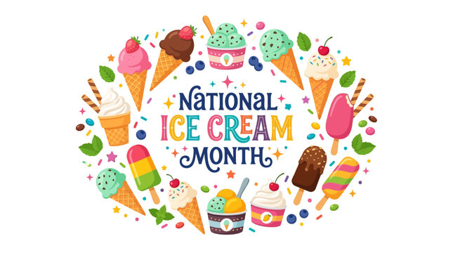 Celebrate National Ice Cream Month with a vibrant collection of delicious ice cream cones and popsicles in a festive