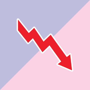 Red downward zigzag arrow vector sticker icon for economic decline and market crash