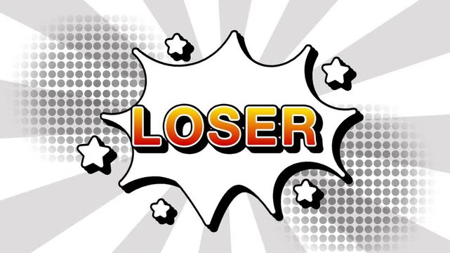 Loser text word lettering popup comic cartoon reveal with bomb and smoke explosion manga anime book page dots with radial speed lines doodle white background with seamless loop animation retro game