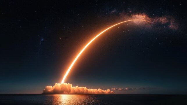 awe-inspiring rocket launch arcing across a starry night sky above a calm ocean with a glowing plume and reflection on the water