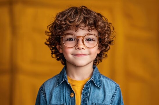 young child with curly brown hair and blurred face wearing a denim jacket over a mustard shirt against a warm yellow backdrop, calm expression