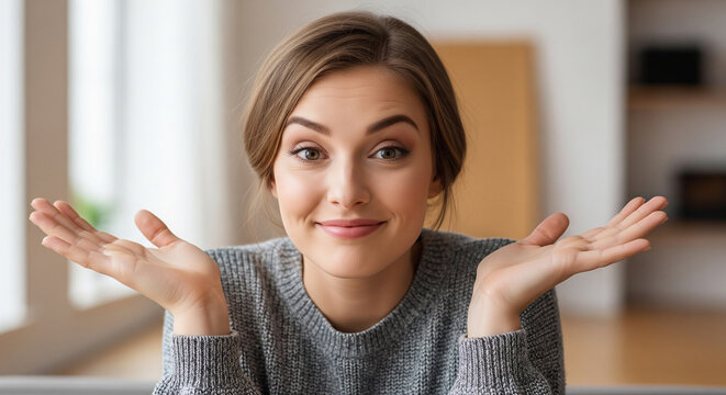 A cute young woman with a playful, shrugging expression, perfect for conveying uncertainty or a lighthearted 'who knows' attitude