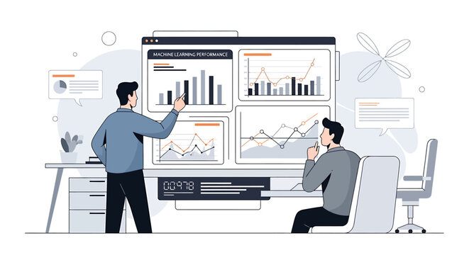Businessmen analyzing financial data and charts on a large digital dashboard screen in the office.