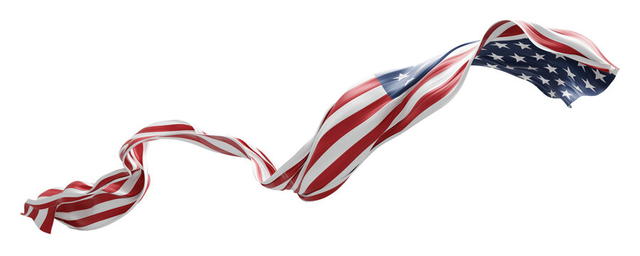 American flag ribbon sheer pleated chiffon fabric flowing isolated on transparent background design for 4th of july America Independence day banner 3D render