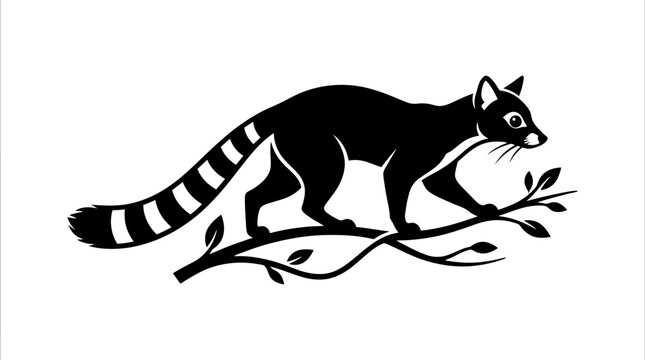 Black and white silhouette illustration of a ring tailed animal on a branch