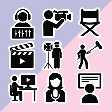 Filmmaking and Video Production Crew Icons Set Vector Illustration, Film Director Cameraman Sound Engineer Editor Lightman Clapperboard Graphic Symbols, Movie Studio Equipment Sticker Collection