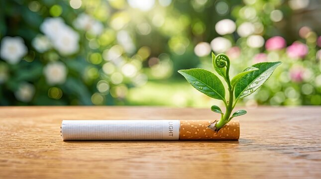 Cigarette with green plant sprout growing out of it on wooden table outdoors