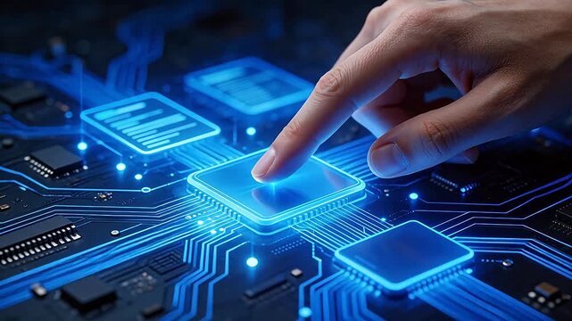 Hand interacting with glowing circuit board